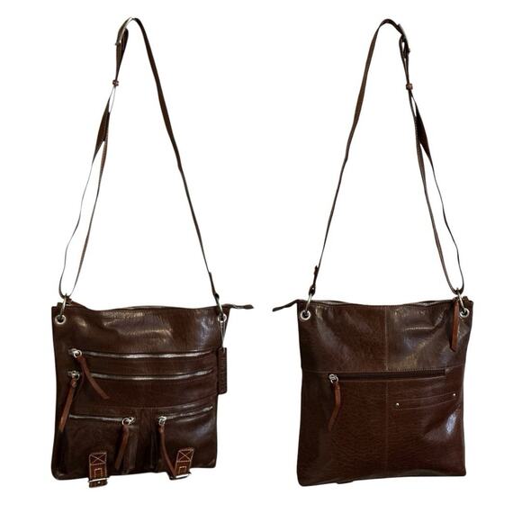 Nino Bossi Brown Crossbody Modern Bag Purse Multiple Zipper Compartments-NWOT - Picture 2 of 16